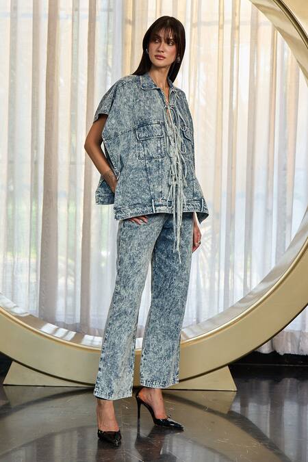 Shop_Kay Kay_Blue Denim, Twill Collared, V-neck Youyou Dye Shirt And Pant Set _Online_at_Aza_Fashions