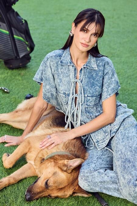 Shop_Kay Kay_Blue Denim, Twill Collared, V-neck Youyou Dye Shirt And Pant Set 