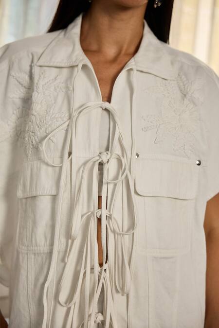 Buy_Kay Kay_White Denim, Twill Embroidery, Ribbons Collared, Josie Tie Up Shirt And Pant Set 