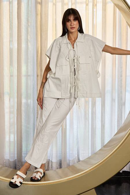 Shop_Kay Kay_White Denim, Twill Embroidery, Ribbons Collared, Josie Tie Up Shirt And Pant Set 