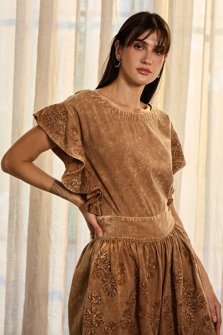 Shop_Kay Kay_Brown Twill, Denim Embroidery Round Neck Milie Top And Pant Set _Online_at_Aza_Fashions