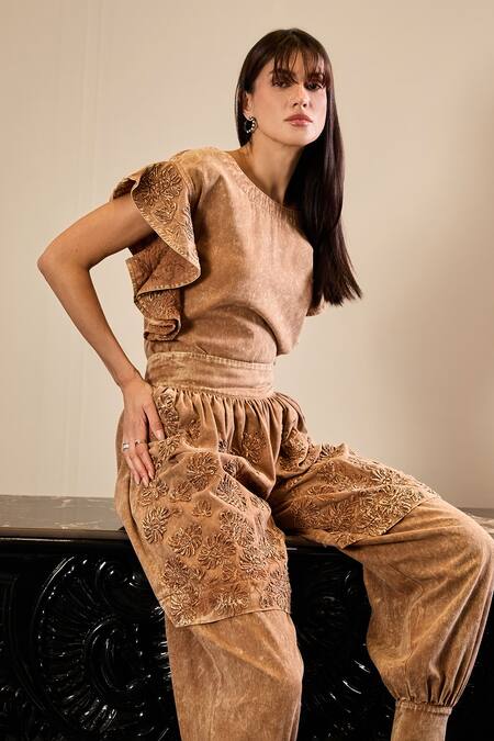 Kay Kay_Brown Twill, Denim Embroidery Round Neck Milie Top And Pant Set _at_Aza_Fashions
