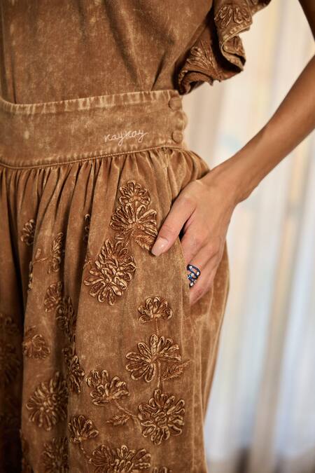 Buy_Kay Kay_Brown Twill, Denim Embroidery Round Neck Milie Top And Pant Set 