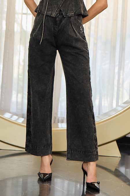 Shop_Kay Kay_Black Twill, Denim V-neck, Collared Duli Top And Pant Set _Online_at_Aza_Fashions