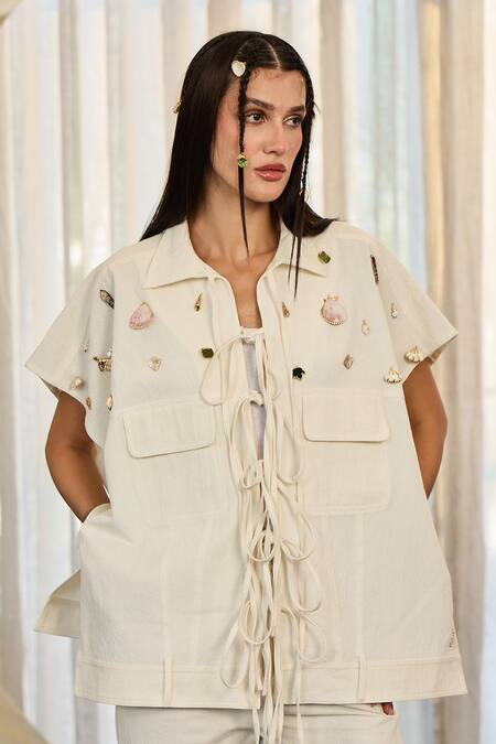 Shop_Kay Kay_White Twill, Denim Gemstones, Stones, Applique Collared, Bernie Top And Pant Set _Online_at_Aza_Fashions