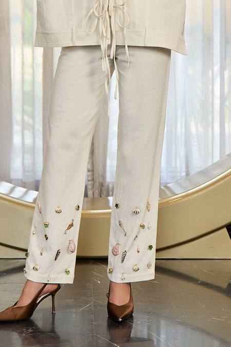 Kay Kay_White Twill, Denim Gemstones, Stones, Applique Collared, Bernie Top And Pant Set _at_Aza_Fashions