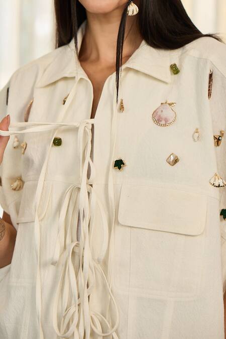 Buy_Kay Kay_White Twill, Denim Gemstones, Stones, Applique Collared, Bernie Top And Pant Set 