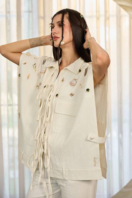 Shop_Kay Kay_White Twill, Denim Gemstones, Stones, Applique Collared, Bernie Top And Pant Set 