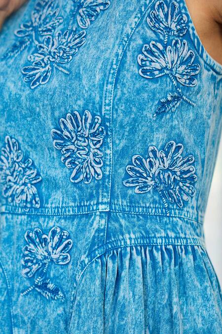 Shop_Kay Kay_Blue Denim, Twill Embroidery High Neck Bianca Sleeveless Dress _Online_at_Aza_Fashions