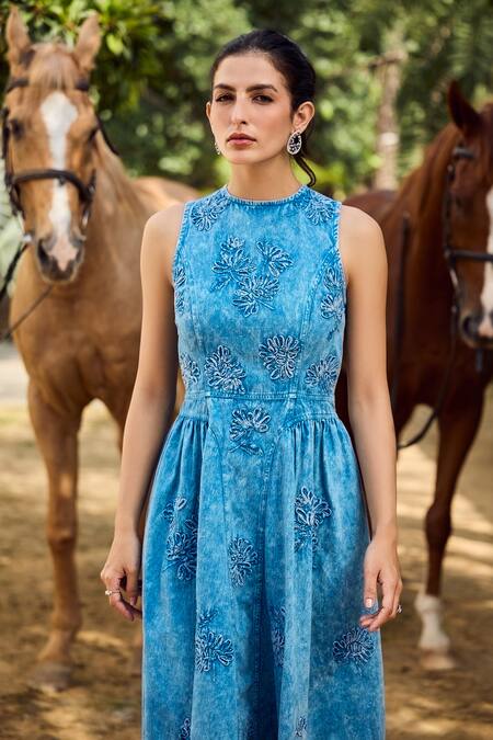 Buy_Kay Kay_Blue Denim, Twill Embroidery High Neck Bianca Sleeveless Dress 