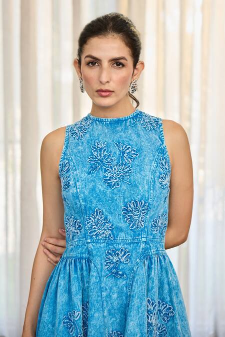 Shop_Kay Kay_Blue Denim, Twill Embroidery High Neck Bianca Sleeveless Dress 