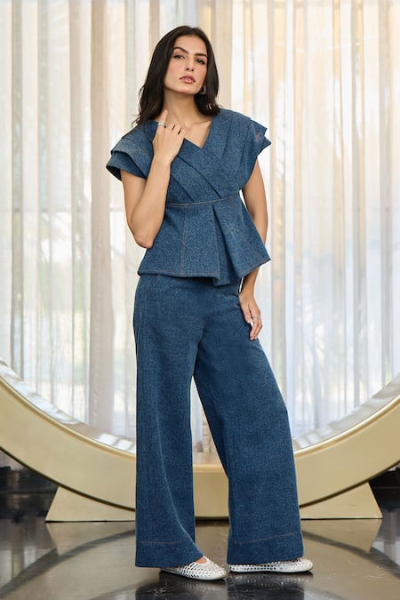 Kay Kay_Navy Denim Embroidery V-neck Kate Top And Pant Set _at_Aza_Fashions