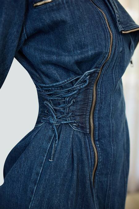 Kay Kay_Navy Denim Embroidery Collared Stinsy Dress _at_Aza_Fashions