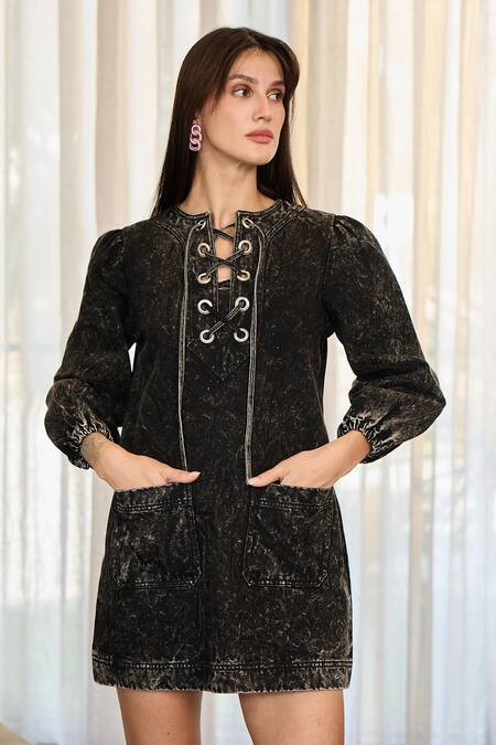 Buy_Kay Kay_Black Denim Round Neck Isla Dress _Online_at_Aza_Fashions