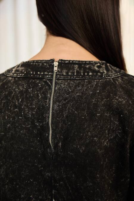 Kay Kay_Black Denim Round Neck Isla Dress _at_Aza_Fashions