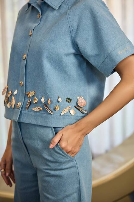 Shop_Kay Kay_Blue Denim Applique Collared Cyriala Shirt And Pant Set _Online_at_Aza_Fashions