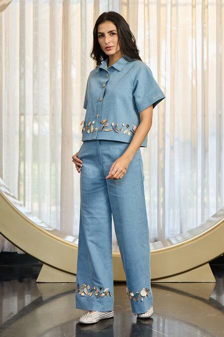 Kay Kay_Blue Denim Applique Collared Cyriala Shirt And Pant Set _at_Aza_Fashions