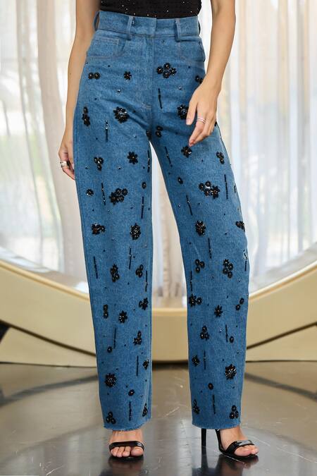 Shop_Kay Kay_Black Cotton, Denim Beads, Sequins Round Neck Casey Rib Top And Pant Set _Online_at_Aza_Fashions