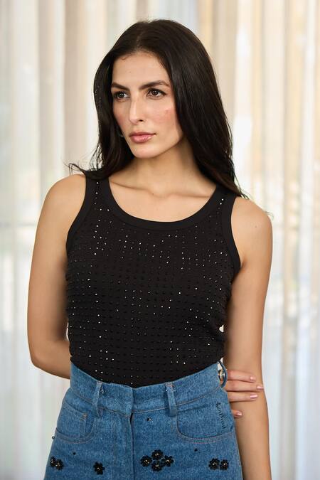 Kay Kay_Black Cotton, Denim Beads, Sequins Round Neck Casey Rib Top And Pant Set _at_Aza_Fashions