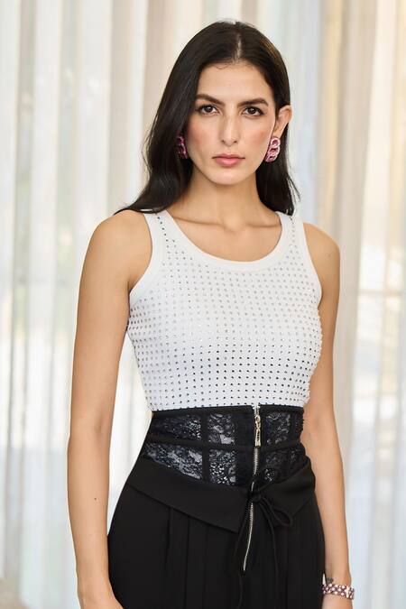 Buy_Kay Kay_White Cotton, Lace, Crepe Stones Round Neck Cobo Ribbed Tank Top And Pant Set _Online_at_Aza_Fashions