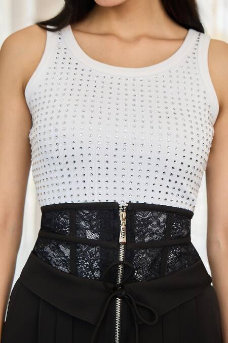 Shop_Kay Kay_White Cotton, Lace, Crepe Stones Round Neck Cobo Ribbed Tank Top And Pant Set _Online_at_Aza_Fashions