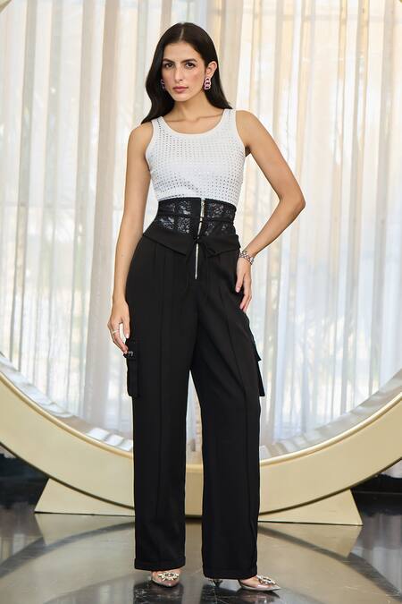 Buy_Kay Kay_White Cotton, Lace, Crepe Stones Round Neck Cobo Ribbed Tank Top And Pant Set 