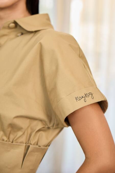 Buy_Kay Kay_Beige Cotton Embroidery Collared Naoria Solid Shirt And Pant Set _Online_at_Aza_Fashions