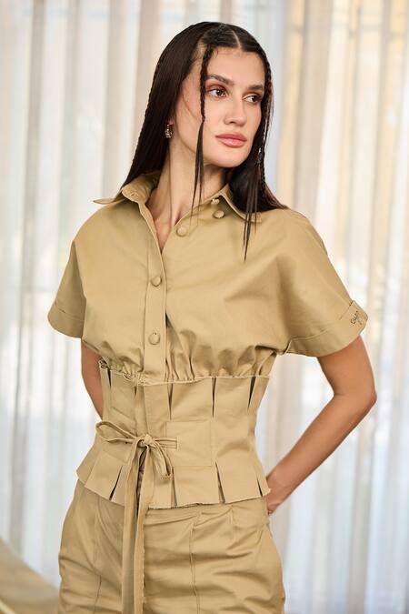 Shop_Kay Kay_Beige Cotton Embroidery Collared Naoria Solid Shirt And Pant Set 