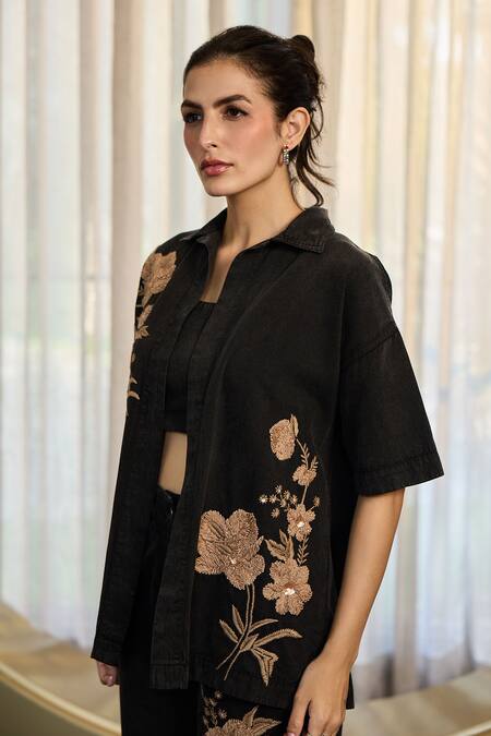 Buy_Kay Kay_Black Denim Embroidery, Sequins Collared, Claudy Floral Shirt And Pant Set _Online_at_Aza_Fashions