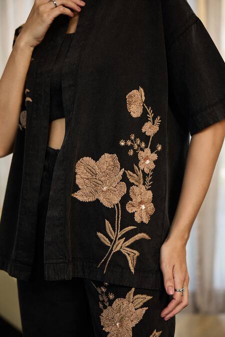 Shop_Kay Kay_Black Denim Embroidery, Sequins Collared, Claudy Floral Shirt And Pant Set _Online_at_Aza_Fashions