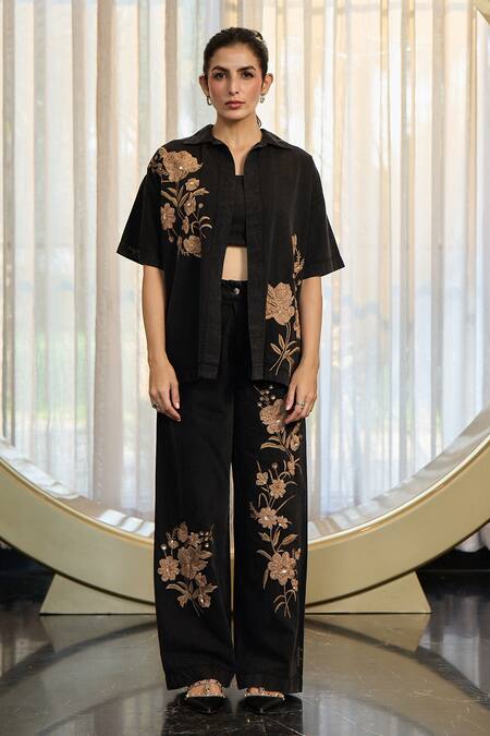 Buy_Kay Kay_Black Denim Embroidery, Sequins Collared, Claudy Floral Shirt And Pant Set 
