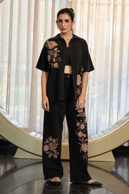 Shop_Kay Kay_Black Denim Embroidery, Sequins Collared, Claudy Floral Shirt And Pant Set 
