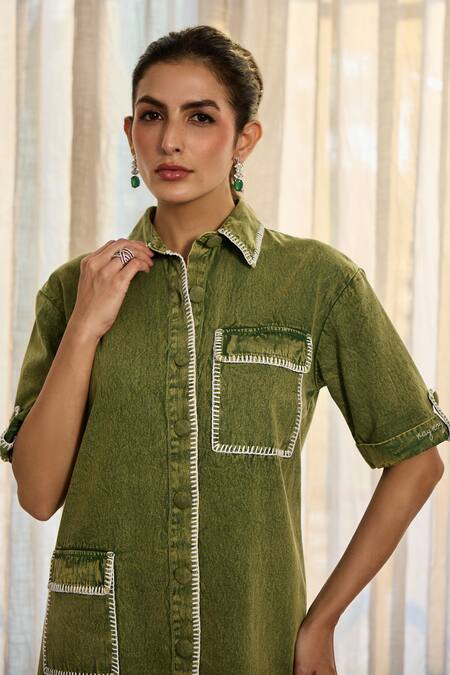 Buy_Kay Kay_Green Denim Collared, Button-down Neck Audrey Dress _Online_at_Aza_Fashions