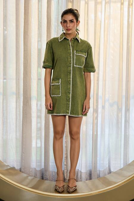 Shop_Kay Kay_Green Denim Collared, Button-down Neck Audrey Dress 