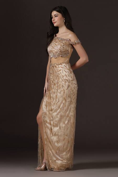 Buy_Pooja Peshoria_Gold Satin, Crepe, Net Beads, Sequins, Embroidery One Shoulder Draped Gown _Online_at_Aza_Fashions