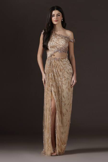 Shop_Pooja Peshoria_Gold Satin, Crepe, Net Beads, Sequins, Embroidery One Shoulder Draped Gown _Online_at_Aza_Fashions