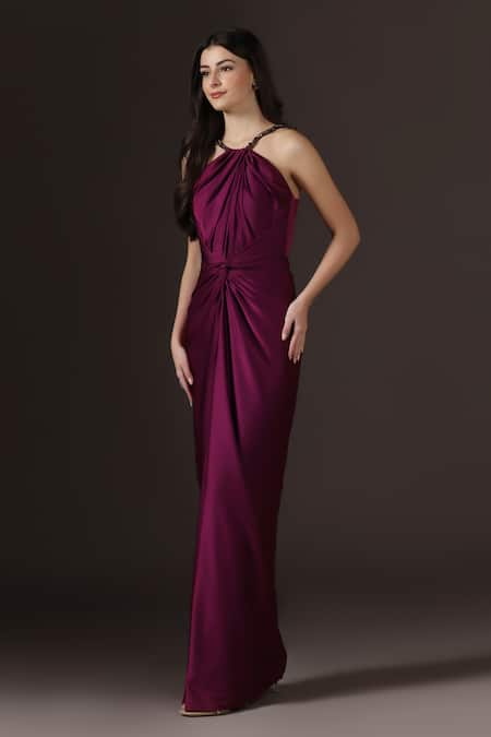 Pooja Peshoria_Purple Satin Crystals Halter Neck Placement Work Gown _Online_at_Aza_Fashions