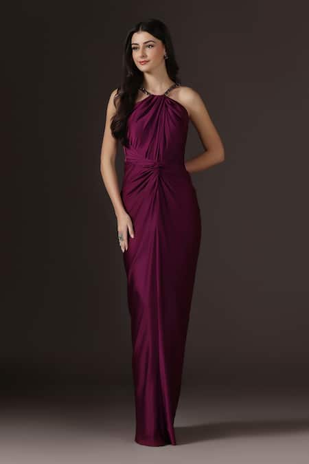 Buy_Pooja Peshoria_Purple Satin Crystals Halter Neck Placement Work Gown _Online_at_Aza_Fashions