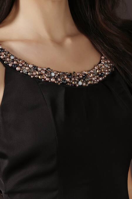 Buy_Pooja Peshoria_Black Crepe Crystals, Pearls Round Neck, Open Hand Embroidered Backless Gown _Online_at_Aza_Fashions