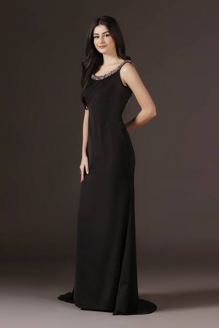 Shop_Pooja Peshoria_Black Crepe Crystals, Pearls Round Neck, Open Hand Embroidered Backless Gown _Online_at_Aza_Fashions