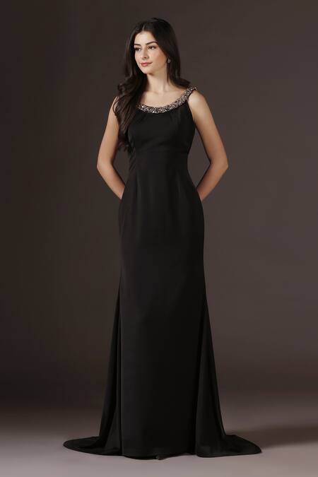 Shop_Pooja Peshoria_Black Crepe Crystals, Pearls Round Neck, Open Hand Embroidered Backless Gown 