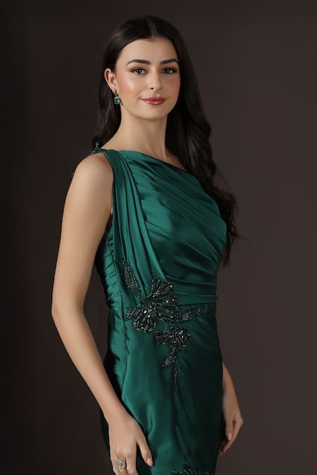 Buy_Pooja Peshoria_Green Satin Applique, Crystals, Sequins One Shoulder Draped Gown _Online_at_Aza_Fashions