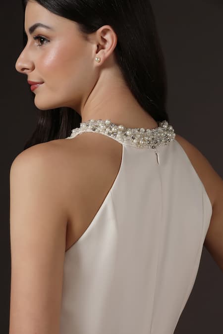 Buy_Pooja Peshoria_Ivory Crepe Crystals, Pearls Halter Neck Hand Embroidered Dress 