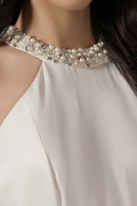 Shop_Pooja Peshoria_Ivory Crepe Crystals, Pearls Halter Neck Hand Embroidered Dress 