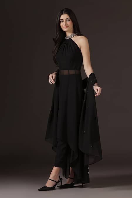 Pooja Peshoria_Black Georgette Crystals, Embroidery, Sequins, Beads Halter Neck Hand Kurta Set _Online_at_Aza_Fashions