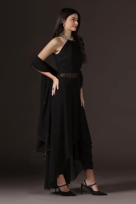 Buy_Pooja Peshoria_Black Georgette Crystals, Embroidery, Sequins, Beads Halter Neck Hand Kurta Set _Online_at_Aza_Fashions