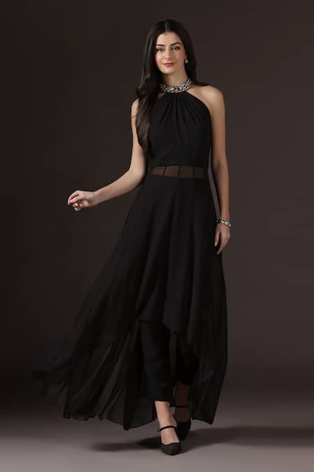 Shop_Pooja Peshoria_Black Georgette Crystals, Embroidery, Sequins, Beads Halter Neck Hand Kurta Set _Online_at_Aza_Fashions