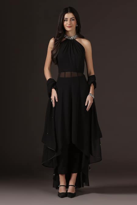 Pooja Peshoria_Black Georgette Crystals, Embroidery, Sequins, Beads Halter Neck Hand Kurta Set _at_Aza_Fashions