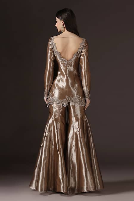 Buy_Pooja Peshoria_Gold Tissue, Shantoon Embroidery, Beads, Sequins Floral Kurta Sharara Set _Online_at_Aza_Fashions