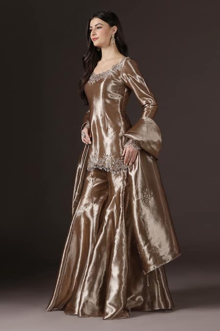 Shop_Pooja Peshoria_Gold Tissue, Shantoon Embroidery, Beads, Sequins Floral Kurta Sharara Set _Online_at_Aza_Fashions